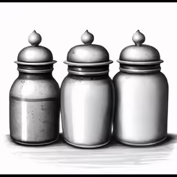 three salt and pepper shakers sitting next to each other