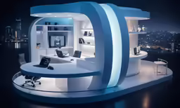 a desk with a chair in it inside of a room