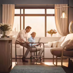 the man is sitting on the sofa using a laptop