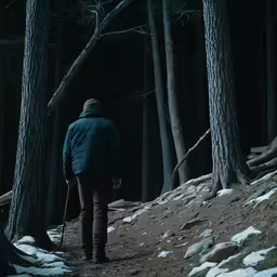 a man with trek poles walks through the snow covered forest