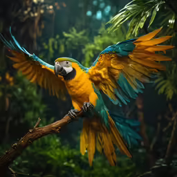 the bird is colorful and soaring above the trees