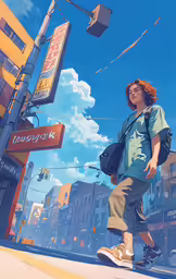 there is an image of a young man walking down the street