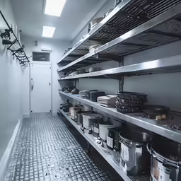 an industrial kitchen with shelves and some bowls