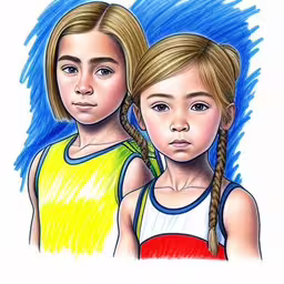 two little girls standing side by side,two children are painted in pastel colors