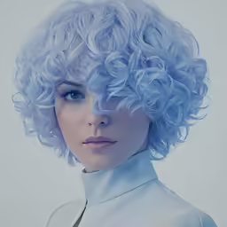 woman with short blue wavy hair on grey background