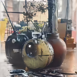 the camera is sitting in front of several pieces of pottery