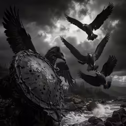several birds are flying in the sky near a man wearing a helmet