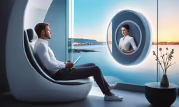 a man sitting in a futuristic looking chair by the window