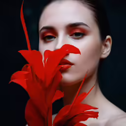 a woman with red make - up and a feather flower