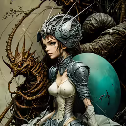 a woman is sitting on the ground near some kind of weird creature