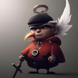 a cartoon character with an eagle in a red outfit and hat