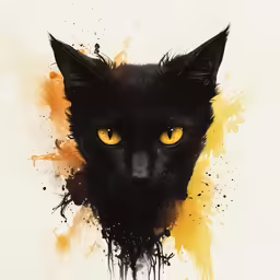 a black cat with yellow eyes, on a white background