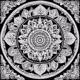 a black and white circular design,intricate floral print designed using dark grey ink on black