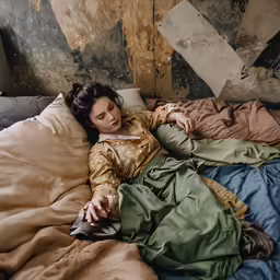 a woman laying on a bed covered in pillows and a blanket