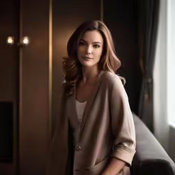 woman in jacket sitting at the top of a bed