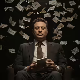 the young man is holding a tablet computer with bills in the air around him