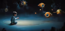 a little boy looking at some fish in the air
