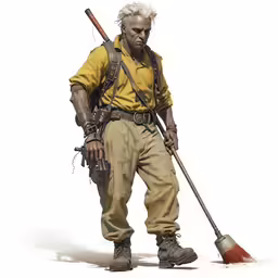 a white man holding a broom and a plastic hat