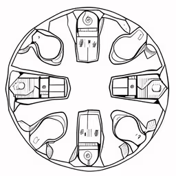 a drawing of a wheel with four phones on top,a round tray with many small pieces of food on top