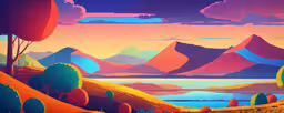 a painting of mountains and trees on a cloudy day,an abstract painting of a landscape with hills and trees