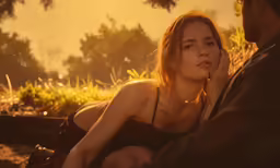 a young woman sitting on the ground next to a man