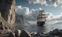 the ship is floating in the middle of the ocean