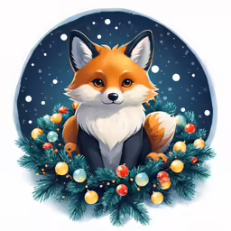 a cute little fox sits next to a wreath