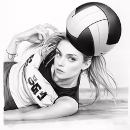 a girl laying on the ground holding a volleyball