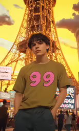 the person in the yellow shirt is next to the tower