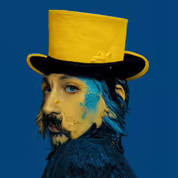 a man with blue hair and a hat on