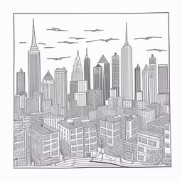 the view of a large city from a tall building,black and white drawing of cityscape with skyscrapers,an image of a city in black and white,the city skyline drawn in a black and white ink,black and white drawing of tall buildings in the city
