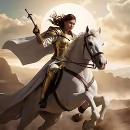 a woman riding a horse with a long cloak on it