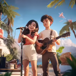 two children standing on a step while holding a guitar