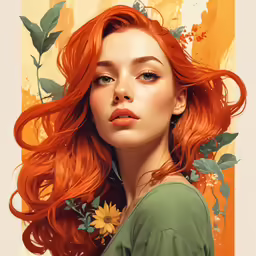 the girl has red hair and is staring