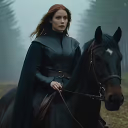 a woman dressed in medieval clothing sitting on a horse