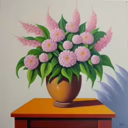 a painting of pink flowers on a orange table,a painting of flowers is displayed in a vase