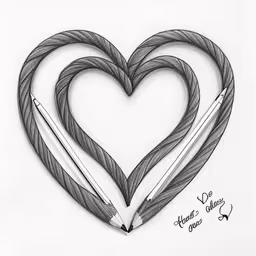 an artistic drawing of two hearts made from two pencils,a heart - shaped pencil drawing with two pencils,a drawing of two pencils and a heart,drawing pencils in the shape of a heart,two heart shaped pencils laying in the middle of a drawing