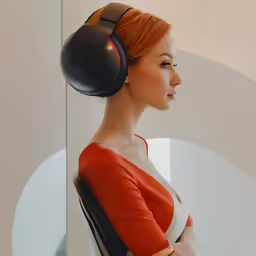 a woman wearing an ear - muffs is standing in the corner