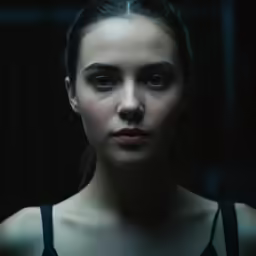 a woman with blue eyes standing in front of dark background