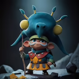 an action figure holding a stick on a rocky ground