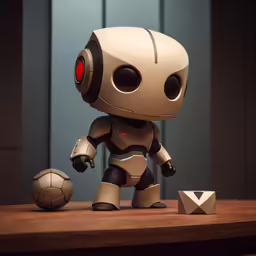 a robot and an envelope on a desk
