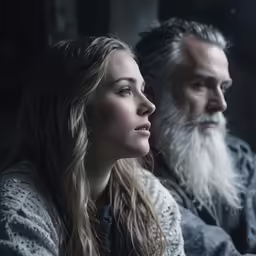 a woman with long blonde hair and a bearded man wearing grey