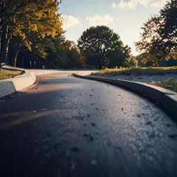 a wet road running through trees on a sunny day