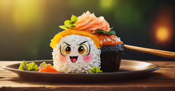 the sushi dish has a very odd face, while other designs and ingredients are arranged around it
