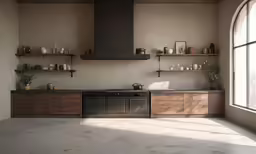 a large kitchen with brown cabinets and black stove top oven