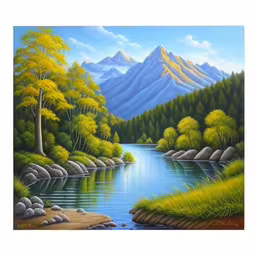 a painting of trees, water, and mountains,a painting of a mountain lake surrounded by green trees
