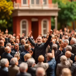 a group of people in suits applauding and raising their hands