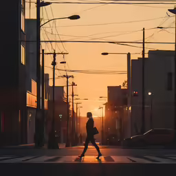 a woman walking down a street at night