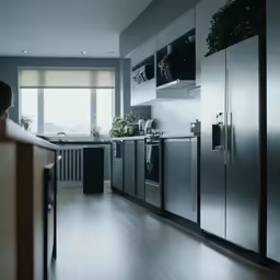 a modern kitchen with a refrigerator, sink and microwave
