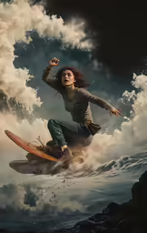 a person standing on a surfboard with clouds in the background